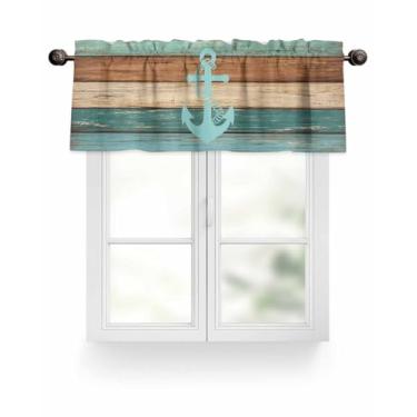 Imagem de Cortina de âncora de grão de madeira para janelas, rústica, vintage, azul-petróleo, turquesa, marrom, listrado, sanefa, tratamentos de janela, cortinas curtas para cozinha, sala de estar, quarto
