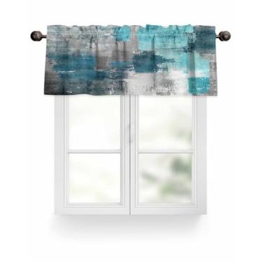 Imagem de Cortina de arte abstrata cinza turquesa azul-petróleo para janelas, sanefas de grafite bloco de cores, tratamentos de janela com bolso para varão, cortinas curtas para cozinha, sala de estar, quarto