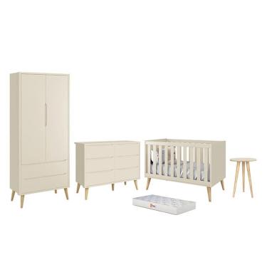 Imagem de Dormitório Infantil Theo 2 Portas, Cômoda 6 Gavetas, Berço, Mesa de Canto com Pés Madeira Natural e Colchão - Reller Móveis Areia Fosco