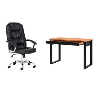 Imagem de Conjunto de Mesa Anah 1 gv Freijó com Cadeira de Escritório Presidente Giratória com Relax Finland Preta