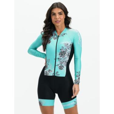 Imagem de Macaquinho Ciclismo Feminino Manga Longa Turquesa Flowers Black Savanc