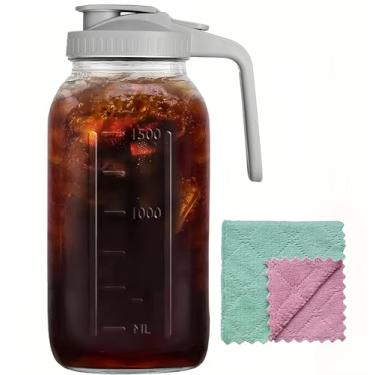 Imagem de Jarra de vidro de 1,8 l com alça e tampa, pote de vidro de 2 litros, jarro de água grande, recipientes de vidro para geladeira, jarra de água para suco, chá gelado e sol, café frio, bebidas caseiras