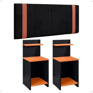Imagem de Kit 2 Mesas Cabeceira Mesinha Pequena Lateral Cama Painel Suspenso Box Casal 1,40 Decoração Quarto - Lojas RPM (Preto/Cinamomo|Preto Suede)
