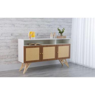 Imagem de Balcão Buffet Para Sala De Jantar Mdf Branco Pés Taeda 3 Portas Com Ni