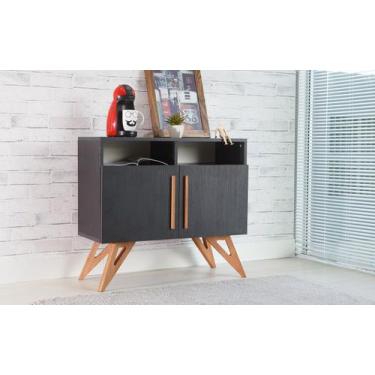 Imagem de Balcão Buffet Mdf Preto Pés Jatobá 2 Portas Com Nicho Pretas Retrô Fre