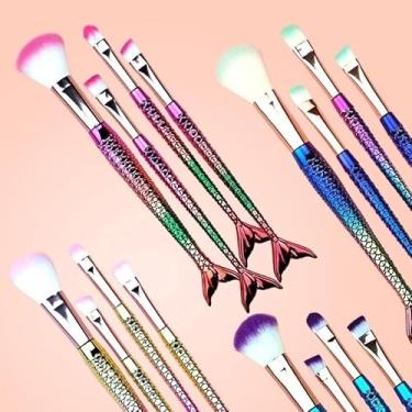 Imagem de Kit Pincéis de Maquiagem Formato Sereia 4 Unidades Cerdas Macias Colorido Profissional