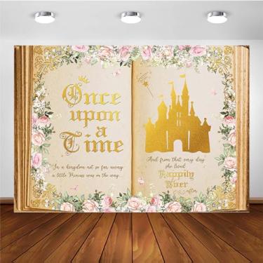 Imagem de Avezano Once Upon a Time Pano de fundo para meninas rosa floral dourado castelo conto de fadas chá de bebê decorações de festa livro de histórias princesa festa de aniversário suprimentos de pano de