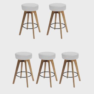 Imagem de Kit 05 Banqueta Alta Redonda Giratória Elsa Madeira Balcão Bistrô Cozinha Corino Branco - Ahz Móveis