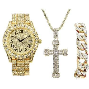 Imagem de Charles Raymond Colar de cruz de tênis masculino de luxo com relógio de pulso de quartzo diamante - Be Lit & Choose The Matching Out Cuban ZZ Bracelet Set - ST10327TCR Sets, 18", Metal, Strass