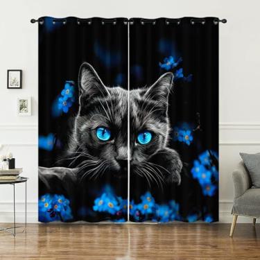 Imagem de AILONEN Conjunto de capa de edredom de gato preto 3D, camadas de cortinas com design de animais para amantes de gatos, decoração de flores azuis para sala de estar e quarto, 107 cm L x 160 cm A