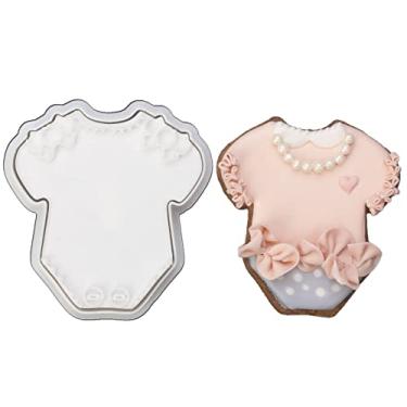 Imagem de Mostop Cortador de biscoito de chá de bebê com carimbos de macacão de bebê, molde de bolo em forma de bebê, ferramentas de decoração de fondant, molde faça você mesmo para artesanato de açúcar, festa de aniversário infantil ferramentas de cozinha (8,9 cm, macacões)