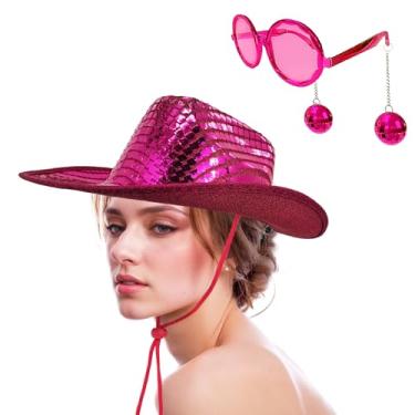 Imagem de JIANGLAI Chapéu de cowboy com óculos de sol Disco Western com bola de discoteca, chapéu de vaqueira espelhado de lantejoulas grandes para mulheres e homens, fantasia cosplay festa (rosa choque)