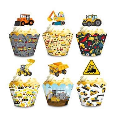 Imagem de Construction Cupcake Toppers and Wrappers Set of 24pcs Tractor Digger Truck Forklift Dump Bulldozer Road Roller Engineering Themed for Kids Boys Happy Birthday Wedding Party Supplies