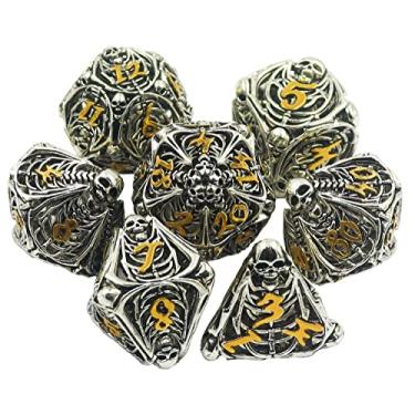 Imagem de Hollow Metal Dice Set DND Polyhedral Skull Dungeons and Dragon Dice Game Miniatures Play Card Mat Magic 7 Pcs Dice D&D Gifts Box Blue Elf Cool MTG RPG Table Math(Skull_Ancient Silver Plus Gold)