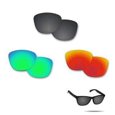 Imagem de Lentes de substituição polarizadas antiágua salgada Fiskr para óculos de sol Oakley Frogskins, pacote com 3 pares, Stealth Black & Fire Red & Emerald Green, 0