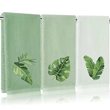 Imagem de FYSUIMU 3 Pçs Toalhas de Mão Gradiente Verde Sálvia Folhas de Palmeira Tropical Bordado Algodão Toalha de Banho Absorvente Toalha de Banho para Secagem à Mão Limpeza Cozinhar, 75 x 34 cm
