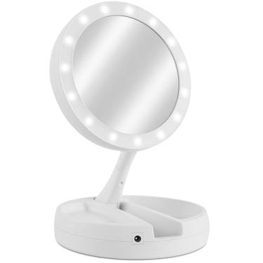 Imagem de Espelho de Maquiagem LED com Base Organizadora, Dobrável, Dupla Face, Aumento 10x, Iluminação Integrada, Portátil, Branco D7-Store