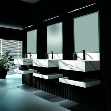 Imagem de Conjunto Para Banheiro 1 Espelho Bisotê 1 Prateleira 1 Bancada Com Cuba Max Blu Lavatórios Bumi Calacata