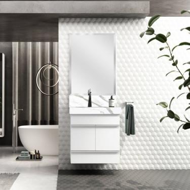 Imagem de Conjunto Para Banheiro 1 Espelho Bisotê 1 Gabinete 1 Lavatório Com Cuba Slim Blu Lavatórios Bumi Calacata/branco