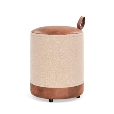 Imagem de Puff Redondo Bege Linho e Couro Suporta 120KG - Euro 1 Unidade