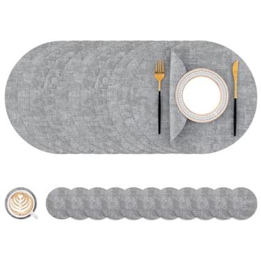 Imagem de Homaxy Jogo americano e porta-copos redondos de couro sintético, tapetes de mesa laváveis de dois lados, tapetes de jantar resistentes ao calor limpáveis para ambientes externos e internos, conjunto