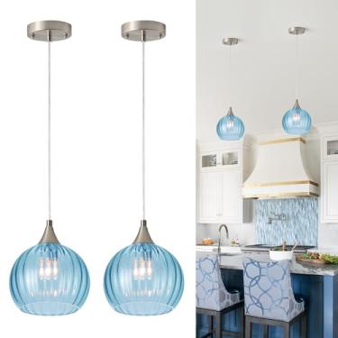 Imagem de ANYLOVE Luminárias Pendentes De Níquel Escovado Para Ilha Cozinha, Globo Com Cúpula Vidro Transparente 8", Modernas Quarto (Pacote 2 - Luz Azul)