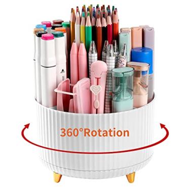 Imagem de EDENMS Porta-lápis de mesa, 5 compartimentos, organizadores de caneta rotativos de 360° para mesa, organizador de artigos de papelaria, organizador de artigos de papelaria, pote de lápis fofo para