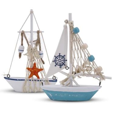 Imagem de 2 peças de decoração de veleiro de madeira, mini decoração costeira feita à mão para casa, enfeites de barco à vela em miniatura, acessórios rústicos de banheiro de praia para quarto (azul)