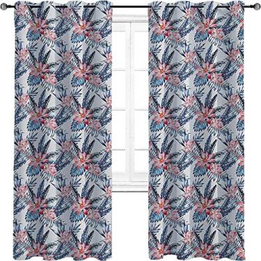 Imagem de Cortinas blecaute tropicais para quarto - Cortinas escurecidas com isolamento térmico com ilhós para sala de estar, três camadas trançadas, L 213 cm x C 213 cm coral laranja e azul