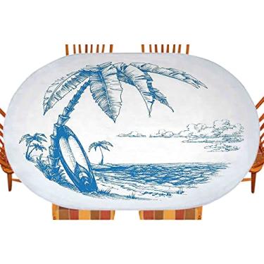 Imagem de Toalha de mesa oval de surf, ilustração de esboço contemporâneo, praia havaiana com palmeiras de prancha de surf e água do oceano, para jantar na cozinha, festa, férias, Natal, serve para mesa de 122