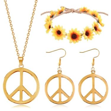 Imagem de Conjunto de brincos e colar de sinal de paz para mulheres, acessórios de fantasia hippie, roupas dos anos 70, roupas para mulheres, joias hippie para decorações de festa dos anos 60 e 70, Metal, Sem
