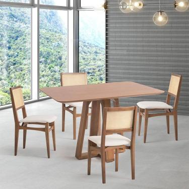 Imagem de Conjunto de Mesa Retangular com Tampo de Madeira Maciça Frame e 4 Cadeiras Serena Algodão Bege Claro e Natural