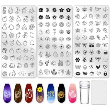 Imagem de beinkmake 3 peças de placa de estampagem de unhas de frutas, flores, folhas de cacto, abelhas, modelos de carimbos de unhas, placa de imagem de aço inoxidável, ferramentas reutilizáveis com raspador