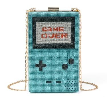 Imagem de Renabro Bolsa tiracolo feminina retrô em formato de rádio, strass, metal, vintage, para noite, Jogo de strass azul