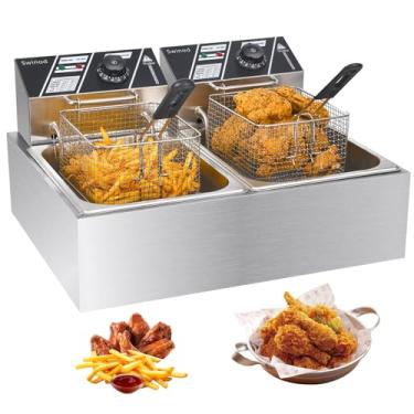 Imagem de Fritadeira comercial com cestas, 3400 W 12,7 QT/12 L de aço inoxidável grosso bancada fritadeira a óleo elétrica, grande capacidade com controlo de temperatura, cor prateada