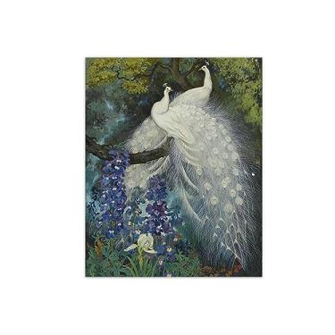 Imagem de Pintura famosa arte de parede - pavões e delfínio-animal impressão em tela - pintura de arte para decoração de parede de sala de estar - pôster de reproduções 40 x 50 cm 16 x 20 polegadas apenas tela