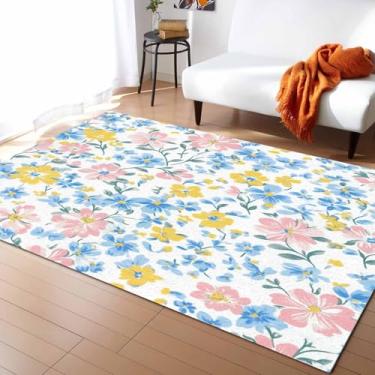 Imagem de Tapete para área interna e externa, amarelo, rosa, azul, folhas de flores, antiderrapante, tapete para sala de estar, aquarela, floral, macio, lavável, tapete de chão para cozinha, quarto, 91 x 152 cm