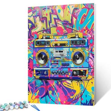 Imagem de Tucocoo Boomboxes retrô pintura por números para adultos pintura a óleo colorida rádio tintas acrílicas Banksy Street 80 música artesanato casa decoração fotos 40,6 x 50,8 cm sem moldura