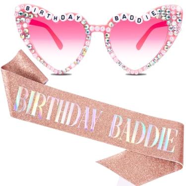 Imagem de KICOSY Birthday Baddie faixa e óculos de sol, roupa de festa de feliz aniversário para mulheres e homens, acessórios engraçados para bandidos, Ouro rosa, Medium