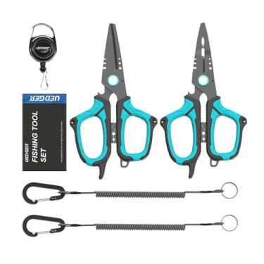 Imagem de UEDGER Cortador de linha de tesoura de pesca – Kit de alicate de pesca de água salgada com retratores, lâminas serrilhadas para linha trançada, alicate de anel dividido multifuncional, ferramentas de