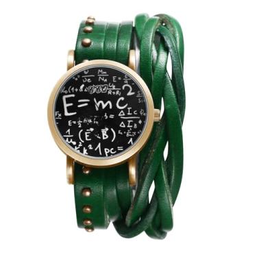 Imagem de JewelryWe Relógio vintage de couro – Relógio de pulso casual casual de quartzo analógico redondo grande com mostrador matemático punk gótico, Verde, Adjustable