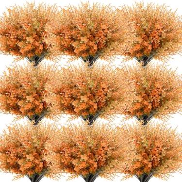 Imagem de Zeyune 56 pacotes de flores artificiais de outono ao ar livre falso outono laranja plástico eucalipto planta artificial resistente a UV arbustos vegetal para o dia de Ação de Graças ao ar livre
