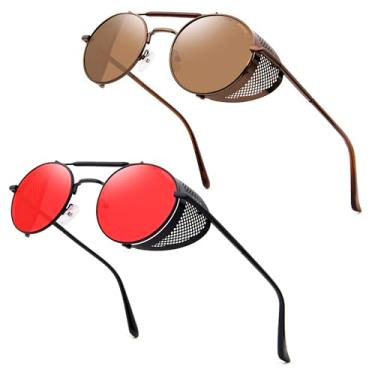 Imagem de RONSOU Óculos de sol Steampunk estilo redondo, vintage, polarizado, retrô, proteção UV400, armação Matel, A13 2 peças armação marrom lente marrom + armação preta lente vermelha (ambas não polarizadas
