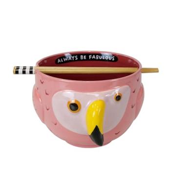 Imagem de Enesco Our Name is Mud Allen Designs Flamingo Be Fabulous Conjunto de tigela e pauzinhos de ramen, 11 cm, multicolorido