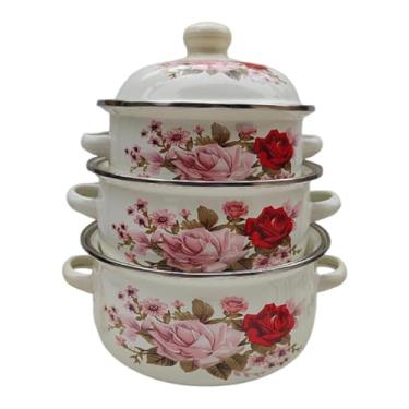 Imagem de Fenteer 3 peças de panelas esmaltadas, potes de sopa, utensílios de cozinha, conjunto de panelas esmaltadas com padrão floral, de fundo plano para cozinha, Style a