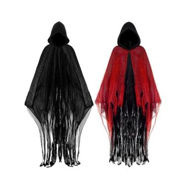 Imagem de Geyoga 2 Pcs Halloween Hooded Cloak Medieval Renaissance Gothic Wizard Robe Scary Grim Reaper Cosplay Costume for Unisex(Black, Bright Red, M)