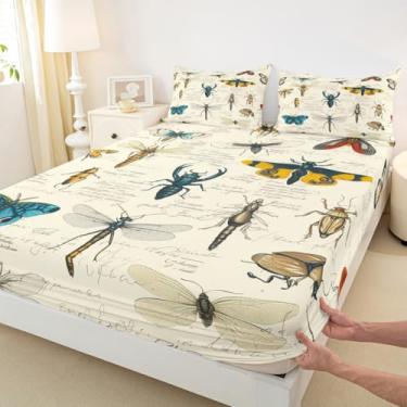 Imagem de Jogo de cama Queen com estampa de insetos, estampa de insetos e besouros, natureza entomológica para decoração de quarto de crianças, meninos e meninas, adulto, lençol rústico retrô com bolso profundo