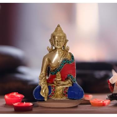 Imagem de Purpledip O Senhor Buda da Medicina de Cura em Metal de Latão Sólido com Pedra Turquesa Trabalho para Templo Doméstico, Mesa de Escritório ou Balcão de Loja (10531)