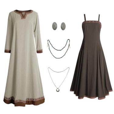 Imagem de Teyujosem Fantasia Viking Feminina Medieval Avental Underdress Colar Broches Fantasia Camponesa, Z3790gy, 3G