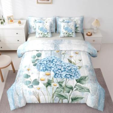 Imagem de Conjunto de edredom solteiro com flor de hortênsia azul, flor de primavera, 7 peças, pintura a óleo abstrata, aquarela, floral, rústico, casa de fazenda, conjunto de colcha para adultos